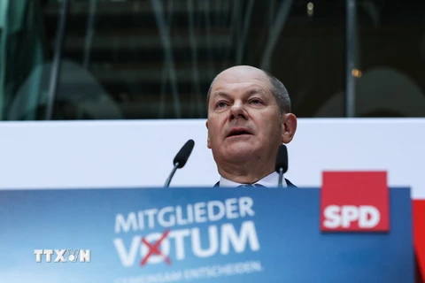 Chủ tịch tạm quyền đảng SPD, ông Olaf Scholz phát biểu tại Berlin ngày 4/3. (Nguồn: THX/TTXVN)