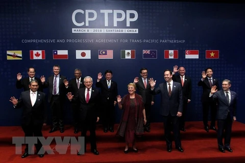 Bộ trưởng Thương mại và Công nghiệp Trần Tuấn Anh (thứ nhất, phải, hàng sau) cùng đại diện 10 nước tham gia lễ ký Hiệp định CPTPP chụp ảnh chung tại Santiago ngày 8/3. (Ảnh: AFP/TTXVN)