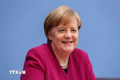 Thủ tướng Đức Angela Merkel trong cuộc họp báo tại Berlin ngày 12/3. (Nguồn: THX/TTXVN)