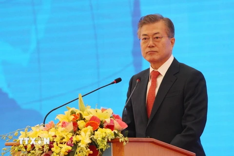 Tổng thống Hàn Quốc Moon Jae-in phát biểu tại Lễ động thổ xây dựng Viện Khoa học Công nghệ Việt Nam-Hàn Quốc. (Ảnh: Dương Giang/TTXVN)