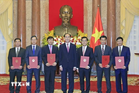 Chủ tịch nước Trần Đại Quang với các đại sứ mới được bổ nhiệm. (Ảnh: Nhan Sáng/TTXVN)