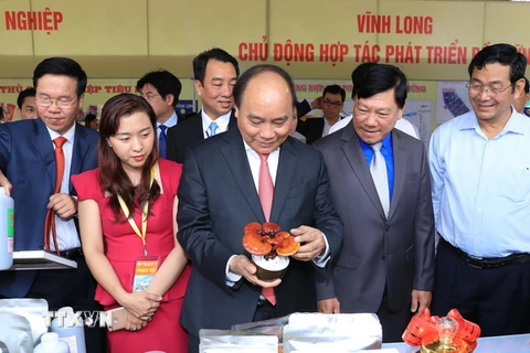 Thủ tướng Nguyễn Xuân Phúc thăm các gian hàng trưng bày, giới thiệu sản phẩm. (Ảnh: Thống Nhất/TTXVN)