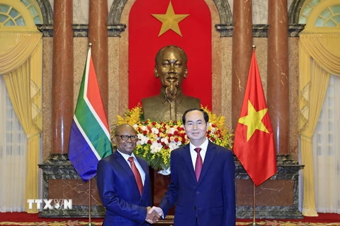 Chủ tịch nước Trần Đại Quang tiếp ngài Mpetjame Kgaogelo Lekgoro, Đại sứ Nam Phi tại Việt Nam đến trình Quốc thư. (Ảnh: Nhan Sáng/TTXVN)