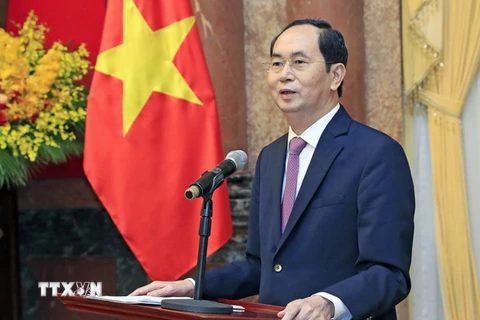 Chủ tịch nước Trần Đại Quang phát biểu tại hội nghị. (Ảnh: Nhan Sáng/TTXVN)