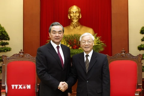 Tổng Bí thư Nguyễn Phú Trọng tiếp Ủy viên Quốc vụ, Bộ trưởng Bộ Ngoại giao Trung Quốc Vương Nghị. (Ảnh: Lâm Khánh/TTXVN)