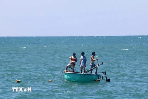 Ngư dân tháo dỡ bẫy tôm hùm trên vùng biển Phan Thiết. (Ảnh: Nguyễn Thanh/TTXVN)