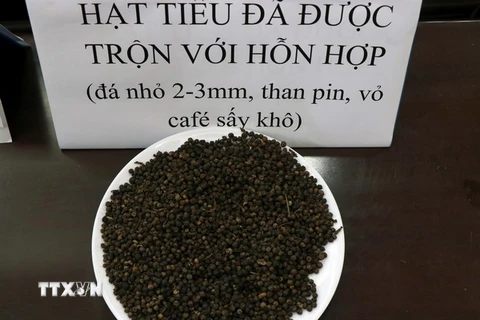 Hạt tiêu sau khi được trộn với hỗn hợp đá nhỏ 2-3mm, than pin, vỏ cà phê sấy khô tại Đăk Nông. (Ảnh: Hưng Thịnh/TTXVN)