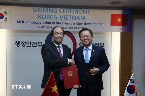 Bộ trưởng Mai Tiến Dũng gặp, trao đổi và ký bản ghi nhớ (MoU) với Bộ trưởng Bộ An ninh và Nội vụ Hàn Quốc Kim Boo Kyum về hợp tác xây dựng Chính phủ điện tử ở Việt Nam. (Ảnh: Hùng-Tuyên-Phương/TTXVN)