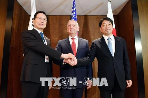 Bộ trưởng Quốc phòng Nhật Bản Itsunori Onodera (phải), Bộ trưởng Quóc phòng Mỹ Jim Mattis (giữa) và Bộ trưởng Quốc phòng Hàn Quốc Song Young Moo (trái) tại cuộc gặp ở Singapore. (Nguồn: YONHAP /TTXVN)