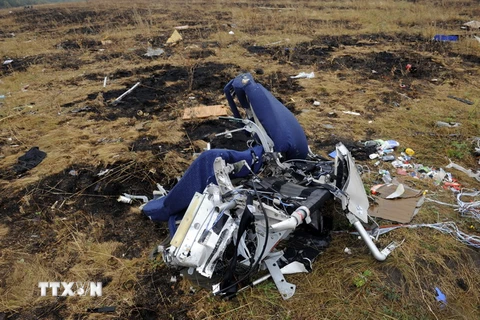 Một phần máy bay MH17 bị phá hủy sau khi rơi ở làng Hrabove, cách khu vực tuyên bố ly khai Donetsk khoảng 80km về phía đông tháng 9/2014. (Nguồn: AFP/ TTXVN)