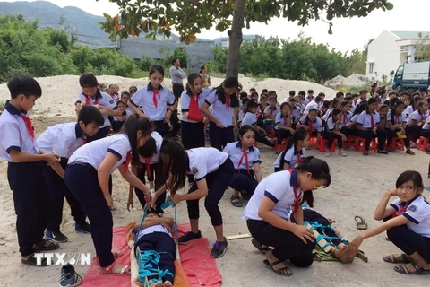 Ban Chỉ đạo Trung ương về Phòng chống thiên tai và Tìm kiếm cứu hộ, cứu nạn phối hợp với UNDP và UBND tỉnh Ninh Thuận tổ chức chiến dịch truyền thông nâng cao nhận thức về phòng chống thiên tai cho học sinh. (Ảnh: Công Thử/TTXVN)