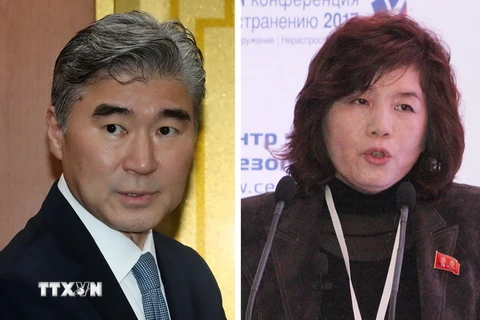Ông Sung Kim (trái), cựu Đại sứ Mỹ tại Hàn Quốc và từng giữ cương vị đàm phán hạt nhân với Triều Tiên và Thứ trưởng Ngoại giao Triều Tiên Choe Son-hui. (Nguồn: Yonhap/TTXVN)