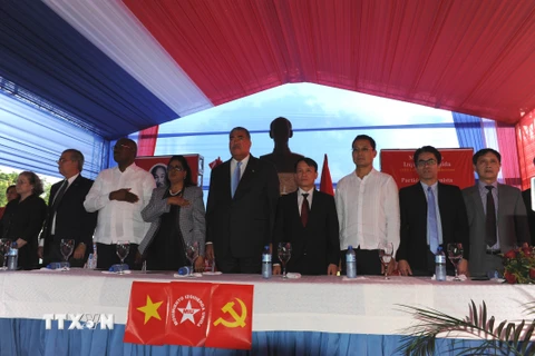 Đoàn đại biểu Đảng Cộng sản Việt Nam và các nhà hoạt động chính trị - xã hội Cộng hòa Dominicana làm lễ chào cờ. (Ảnh Lê Hà/TTXVN)