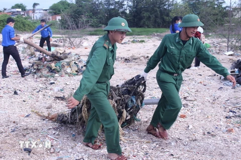 Các lực lượng tham gia thu gom rác thải dọc bãi biển. (Ảnh: Hồng Hiếu/TTXVN)