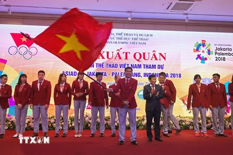 Tối 9/8, Lễ xuất quân Đoàn thể thao Việt Nam tham dự Đại hội thể thao châu Á 2018 (ASIAD 2018) đã diễn ra tại Hà Nội. (Ảnh: Trọng Đạt/TTXVN)