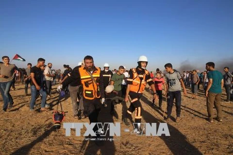 Nhân viên y tế Palestine chuyển người biểu tình bị thương trong cuộc xung đột với binh sĩ Israel tại khu vực biên giới Dải Gaza và Israel ngày 10/8. (Ảnh: THX/TTXVN)