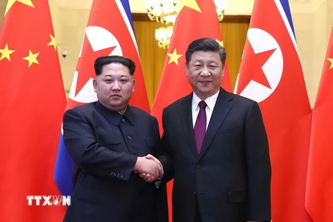 Chủ tịch Trung Quốc Tập Cận Bình (phải) trong cuộc gặp nhà lãnh đạo Triều Tiên Kim Jong-un có chuyến thăm Bắc Kinh ngày 28/3. (Ảnh: THX/TTXVN)