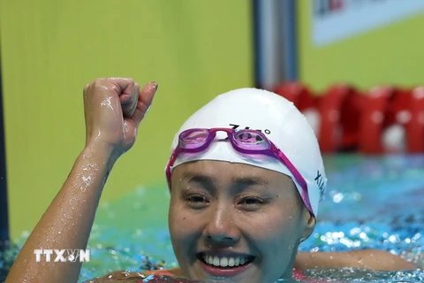 Niềm vui của vận động viên Liu Xiang sau khi phá kỷ lục thế giới ở nội dung 50 mét bơi ngửa của nữ tại ASIAD 2018 ở Jakarta, Indonesia ngày 21/8. (Ảnh: THX/TTXVN)