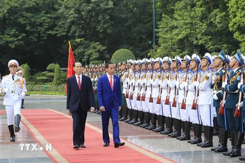 Chủ tịch nước Trần Đại Quang và Tổng thống Indonesia Joko Widodo duyệt đội danh dự Quân đội Nhân dân Việt Nam. (Ảnh: Nhan Sáng/TTXVN)