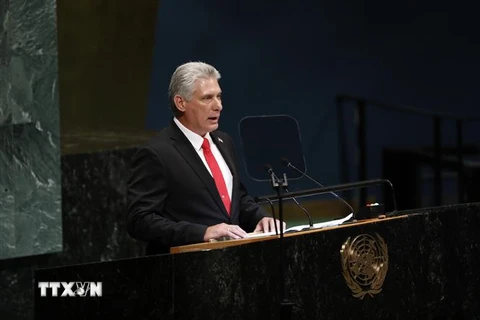 Chủ tịch Hội đồng Nhà nước và Hội đồng Bộ trưởng Cuba Diaz-Canel phát biểu tại Hội nghị cấp cao hòa bình Nelson Mandela ở trụ sở LHQ tại New York (Mỹ). (Ảnh: THX/ TTXVN)