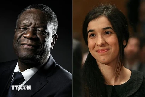 Bác sỹ người Congo Denis Mukwege (trái) và cô Nadia Murad, nhà hoạt động nhân quyền người Yazidi, được Ủy ban Nobel Na Uy trao giải Nobel Hòa bình 2018. (Ảnh: AFP/ TTXVN)