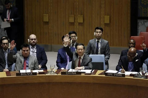 Đại sứ Trung Quốc tại LHQ Mã Triều Húc (giữa) bỏ phiếu thông qua nghị quyết 2401 tại cuộc họp ở New York ngày 24/2. (Nguồn: THX/TTXVN)