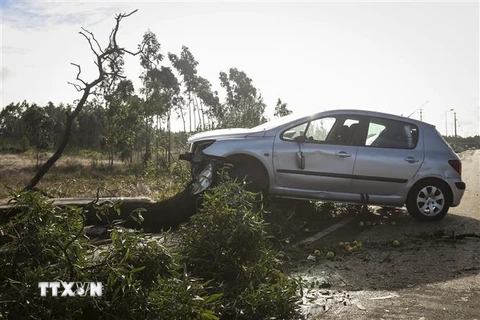 Ôtô bị phá hủy trong bão Leslie tại Figueira da Foz, Bồ Đào Nha ngày 14/10. (Nguồn: AFP/TTXVN)