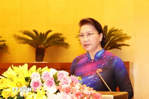 Chủ tịch Quốc hội Nguyễn Thị Kim Ngân phát biểu khai mạc Kỳ họp thứ sáu, Quốc hội khóa XIV. (Ảnh: Trọng Đức/TTXVN)