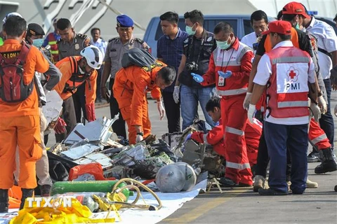 Lực lượng tìm kiếm và cứu hộ Indonesia tập hợp các vật dụng của nạn nhân vụ tai nạn máy bay JT 610 vừa tìm thấy trên vùng biển ngoài khơi Tây Java, tại cảng Tanjung Priok, Jakarta ngày 30/10. (Ảnh: THX/ TTXVN)