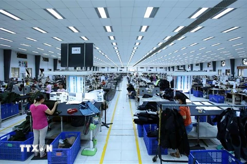 Sản xuất các mặt hàng may mặc xuất khẩu tại Công ty TNHH Kydo Việt Nam có vốn đầu tư Hàn Quốc (Khu Công nghiệp Phố nối A, Hưng Yên). (Ảnh: Phạm Kiên/TTXVN)