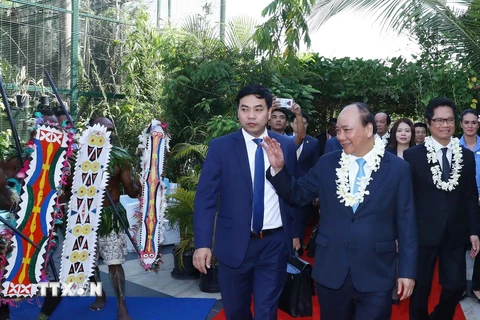 Nghi thức đón Thủ tướng Nguyễn Xuân Phúc theo phong cách truyền thống của thổ dân Papua New Guinea. (Ảnh: Thống Nhất/TTXVN)