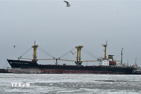 Tàu chở hàng hóa neo tại cảng Mariupol trên biển Azov, phía đông Ukraine ngày 2/12/2018. (Ảnh: AFP/ TTXVN)