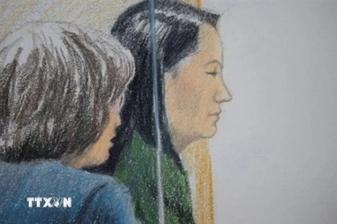 Bức phác thảo của tòa về phiên xét xử bà Mạnh Vãn Chu (phải), Giám đốc Tài chính Tập đoàn Huawei tại Tòa tối cao British Columbia ở Vancouver, Canada. (Ảnh: BBC/ TTXVN)