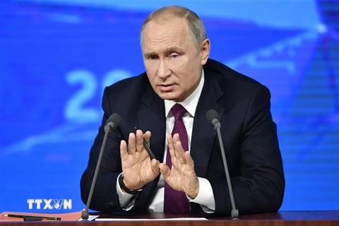 Tổng thống Nga Vladimir Putin trong cuộc họp báo thường niên cuối năm 2018. (Ảnh: AFP/ TTXVN)