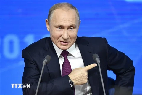 Tổng thống Nga Vladimir Putin trong cuộc họp báo thường niên tại Moskva ngày 20/12/2018. (Ảnh: AFP/ TTXVN)