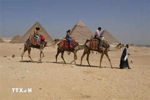 Khách du lịch thăm quan khu vực Kim tự tháp ở ngoại ô thủ đô Cairo, Ai Cập. (Ảnh: AFP/TTXVN)