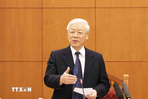 Tổng Bí thư, Chủ tịch nước Nguyễn Phú Trọng, Trưởng Tiểu ban phát biểu kết luận phiên họp. (Ảnh: Phương Hoa/TTXVN)
