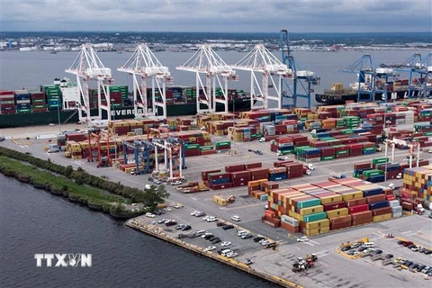 Bốc dỡ hàng tại cảng container ở Baltimore, Maryland (Mỹ). (Ảnh: AFP/TTXVN)