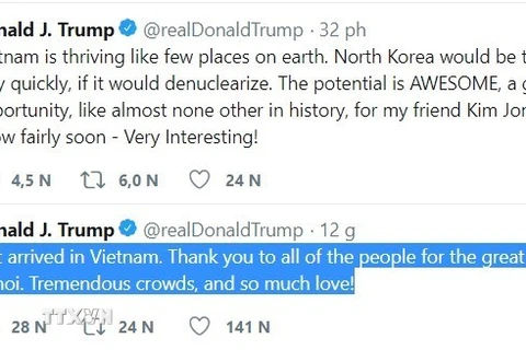 Tổng thống Mỹ Donald Trump bày tỏ cảm xúc trên trang Twitter cá nhân. (Nguồn: TTXVN)