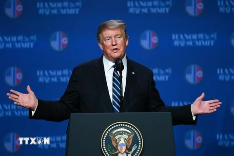 Tổng thống Mỹ Donald Trump tại cuộc họp báo sau Hội nghị thượng đỉnh Mỹ-Triều lần hai ở Hà Nội ngày 28/2/2019. (Ảnh: AFP/TTXVN)