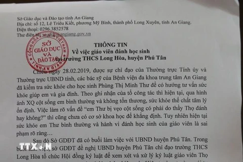 Thông cáo báo chí Sở Giáo dục và Đào tạo tỉnh An Giang phát đi ngày 1/3. (Ảnh: Công Mạo/TTXVN)