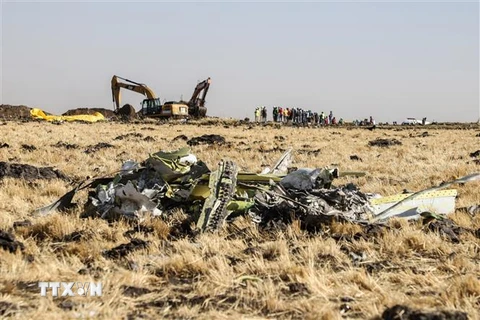 Hiện trường vụ tai nạn máy bay của Hãng hàng không Ethiopian Airlines gần Bishoftu, Ethiopia, ngày 11/3/2019. (Ảnh: AFP/ TTXVN)