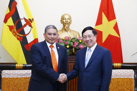 Phó Thủ tướng, Bộ trưởng Bộ Ngoại giao Phạm Bình Minh tiếp Ngài Dato Erywan Pehin Yusof, Bộ trưởng thứ hai Bộ Ngoại giao và Thương mại Vương quốc Brunei. (Ảnh: Lâm Khánh/ TTXVN)