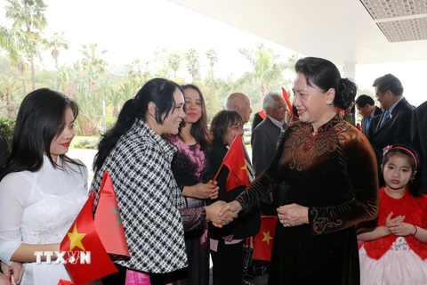 Đại diện kiều bào Việt Nam đón Chủ tịch Quốc hội Nguyễn Thị Kim Ngân ở sân bay quốc tế Rabat Salle, thủ đô Rabat. (Ảnh: Trọng Đức/TTXVN)