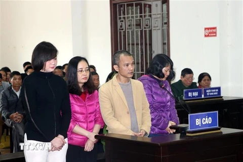 Bốn bị cáo khai nhận tại Tòa án nhân dân tỉnh Hòa Bình. (Ảnh: Thanh Hải/TTXVN)