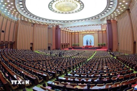 Toàn cảnh phiên họp đầu tiên của Hội nghị Nhân dân Tối cao (Quốc hội) Triều Tiên lần thứ 14 tại thủ đô Bình Nhưỡng ngày 11/4/2019. (Ảnh: YONHAP/TTXVN)