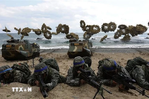 Binh sỹ Mỹ và Hàn Quốc tham gia cuộc tập trận đổ bộ chung ở Pohang, Hàn Quốc, ngày 2/4/2017. (Ảnh: AFP/ TTXVN)