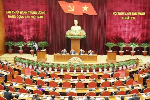 Toàn cảnh Tổng Bí thư, Chủ tịch nước Nguyễn Phú Trọng chủ trì và phát biểu bế mạc Hội nghị. (Ảnh: Trí Dũng/TTXVN)