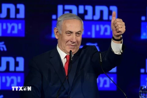 Thủ tướng Israel đồng thời là lãnh đạo đảng Likud Benjamin Netanyahu trong chiến dịch vận động tranh cử tại Ramat Gan, gần Tel Aviv, ngày 4/3/2019. (Ảnh: THX/TTXVN)