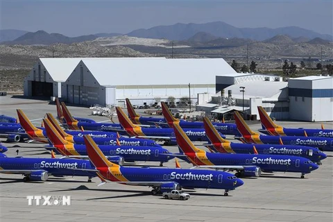 Máy bay Boeing 737 Max đỗ tại sân bay ở California, Mỹ. (Ảnh: AFP/TTXVN)